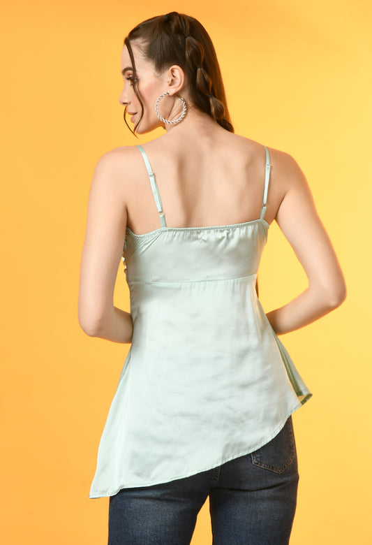 Casual Noodle Straps Solid Women Green Top