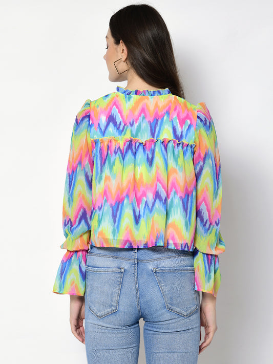 Casual Puff Sleeves Chevron/Zig Zag, Printed Women Multicolor Top