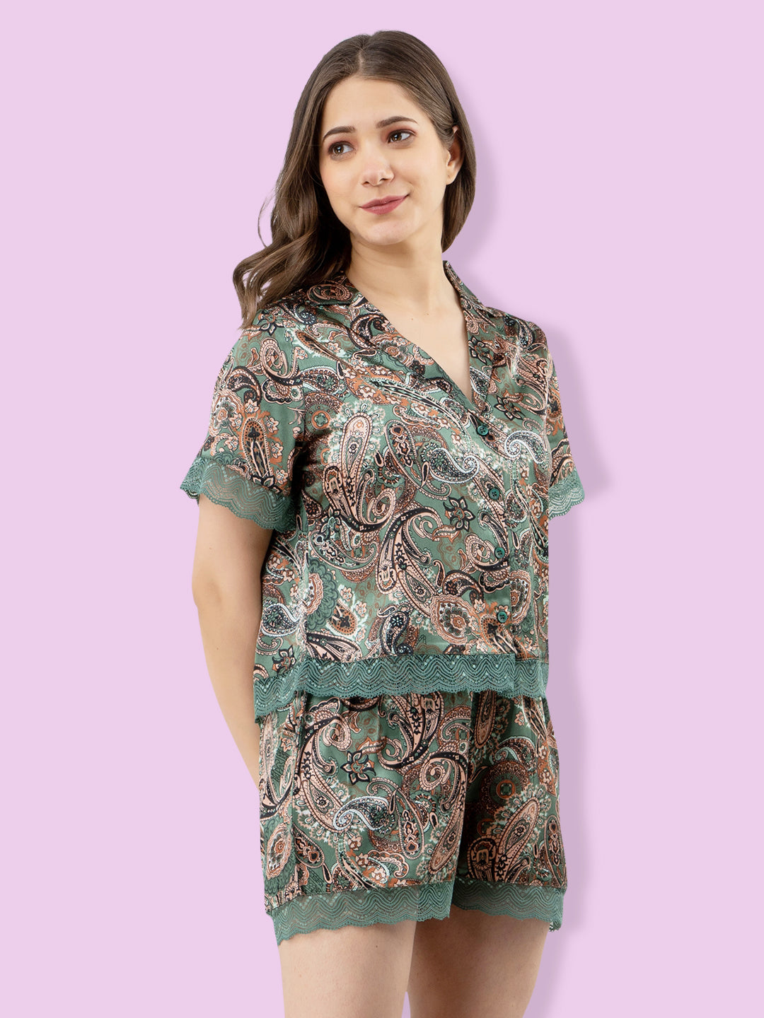 Women Top & Shorts Set Green Ethnic Motifs