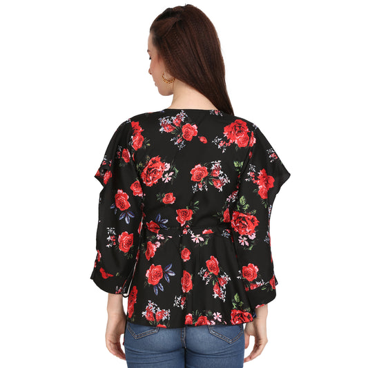 Casual Slit Sleeves Solid Women Black Top