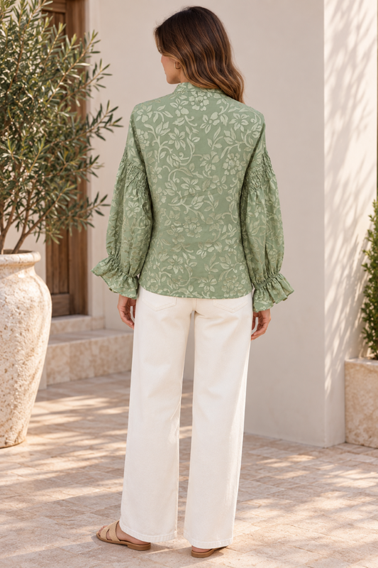 Women's Sage Floral Balloon-Sleeve Top