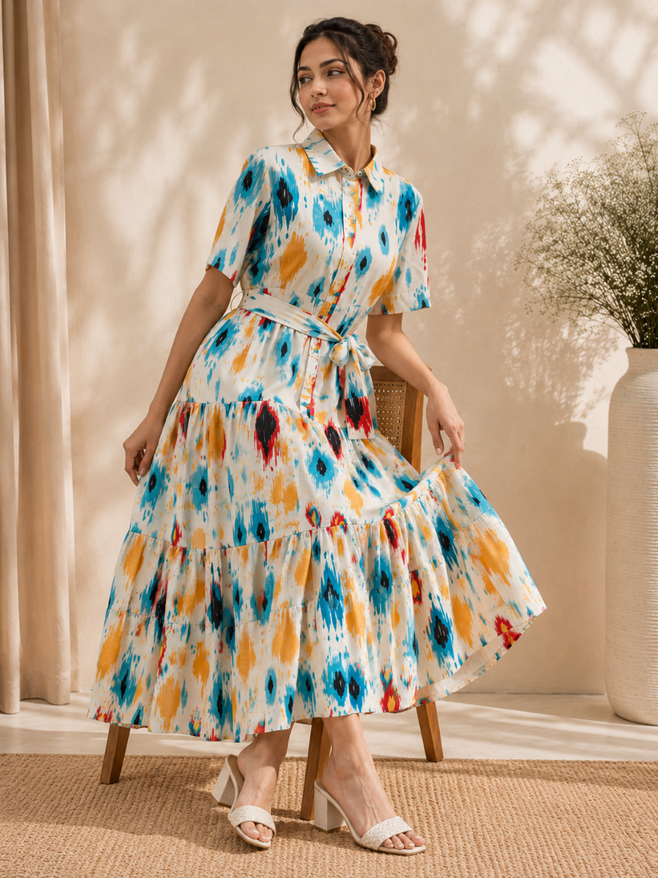 Women Gathered Multicolor Midi/Calf Length Dress