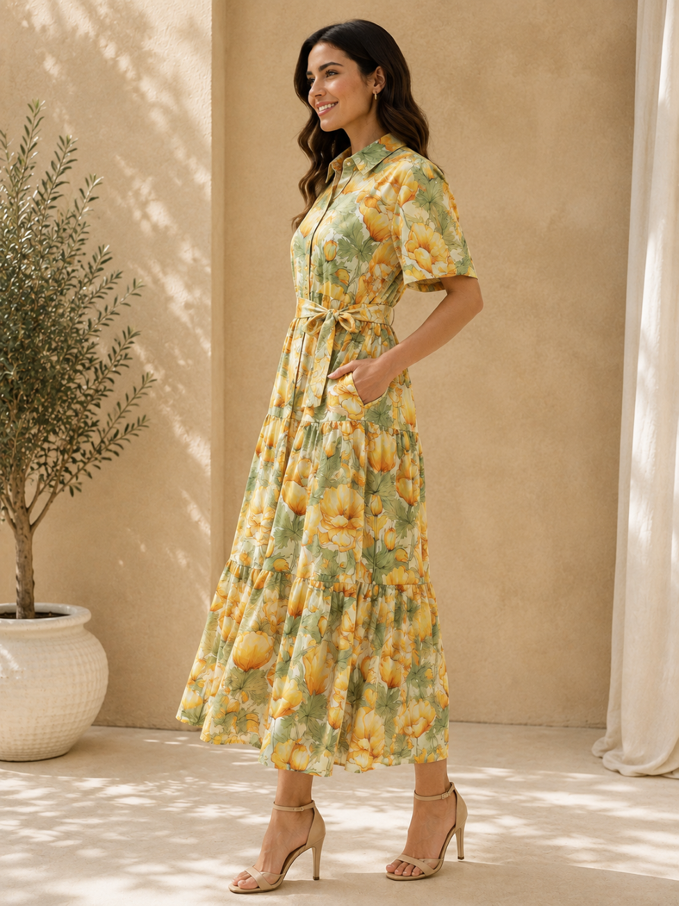 Women Gathered Yellow Midi/Calf Length Dress