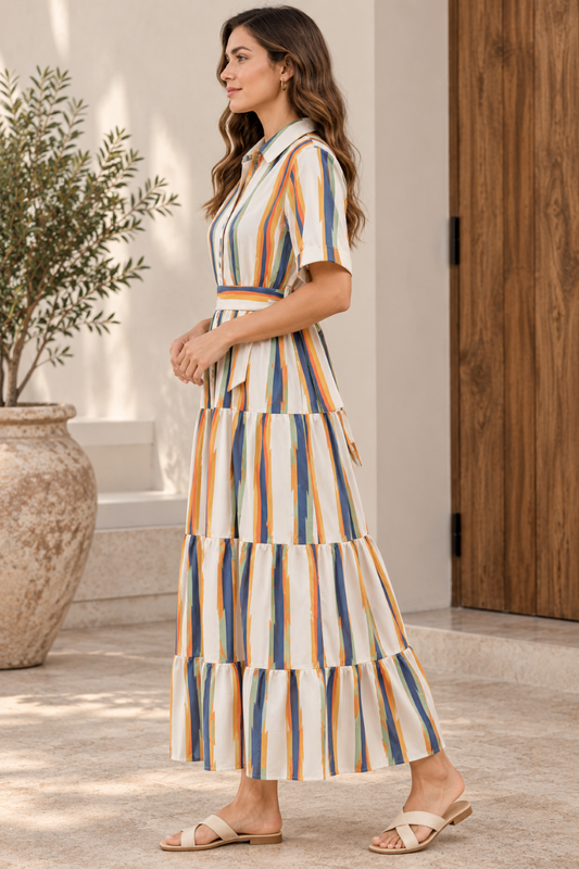 Women's Multicolor Striped Short Sleeve Midi Shirt Dress