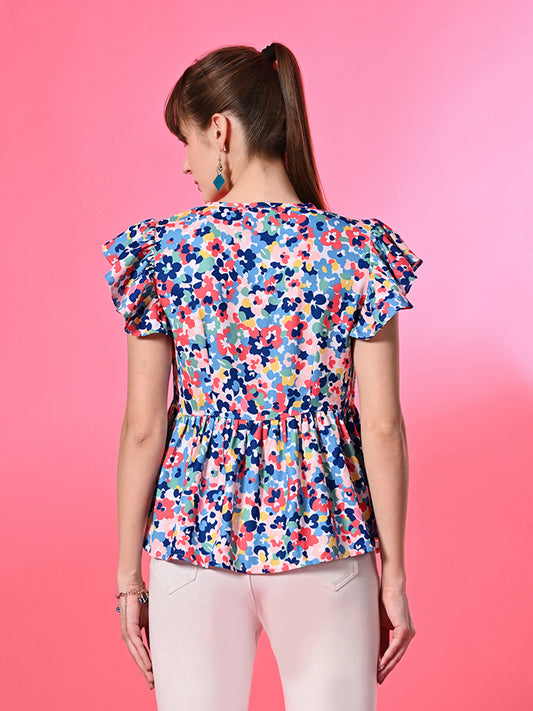 Women's Floral Flutter Sleeve Peplum Top