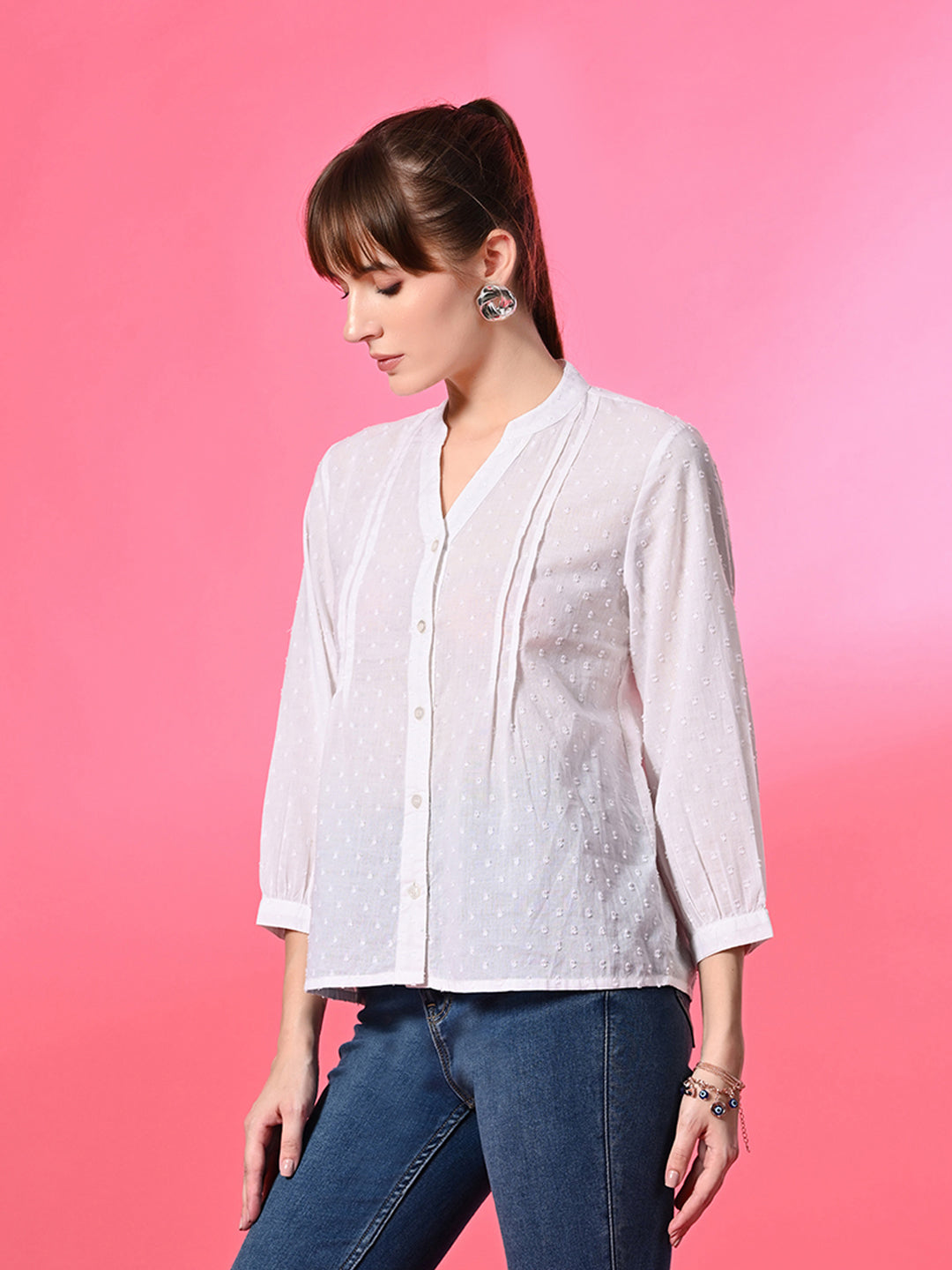 Casual Cuffed Sleeves Self Design Women White Top