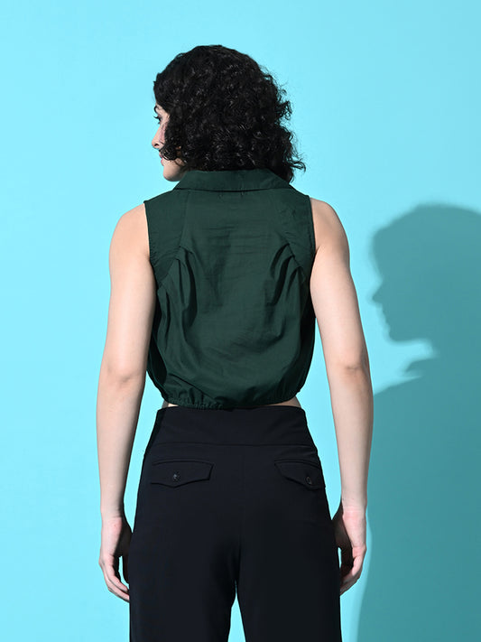 Casual Sleeveless Solid Women Green Top