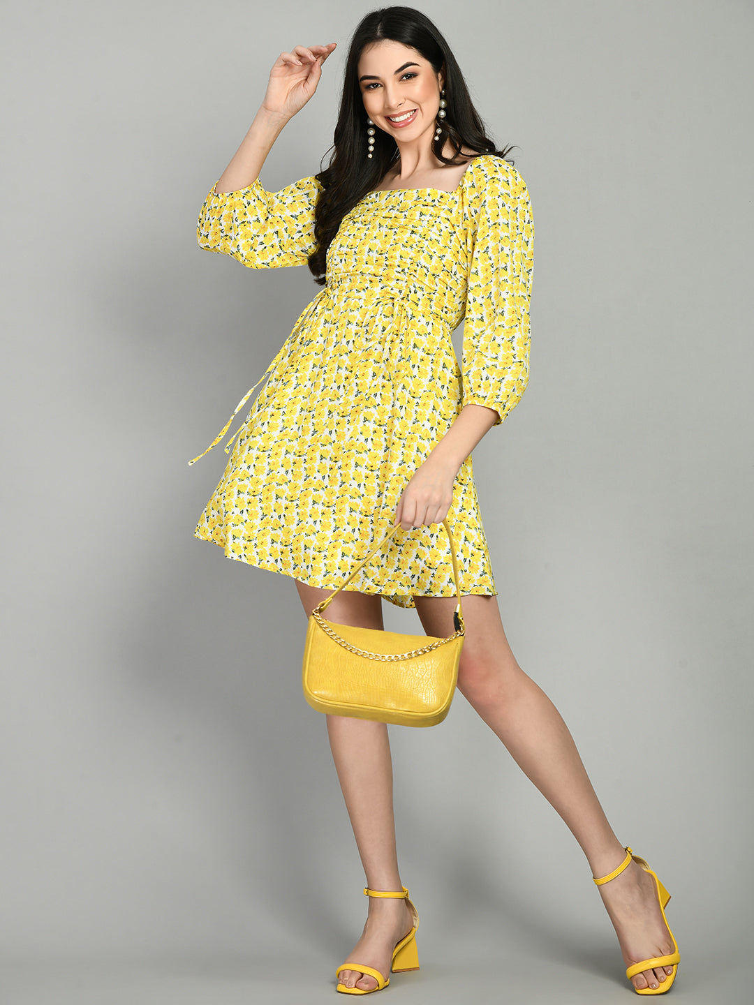 Women Fit and Flare Yellow, White, Dark Green Mini/Short Dress