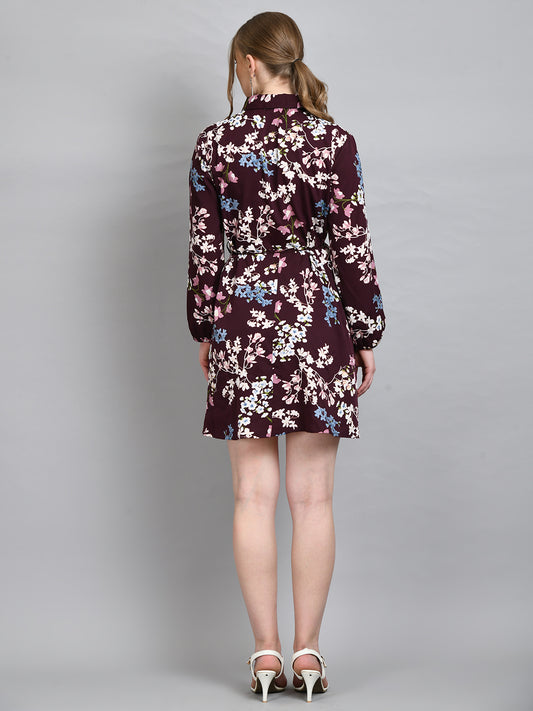 Women's Maroon Floral Print Full Sleeve Mini Shirt Dress