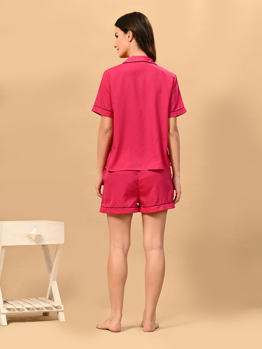Women's Pink Solid Top & Shorts Night Suit Set (Style PLT035)