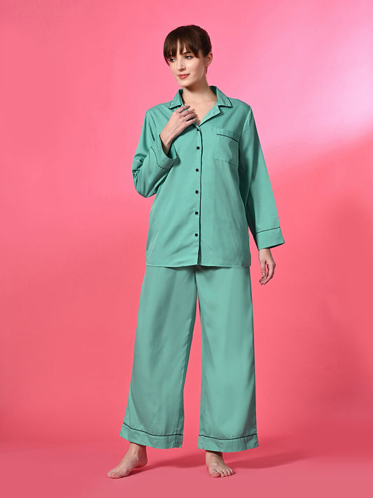Women's Green Solid Collared Shirt & Pyjama Night Suit Set (Style PLTPJSL117)