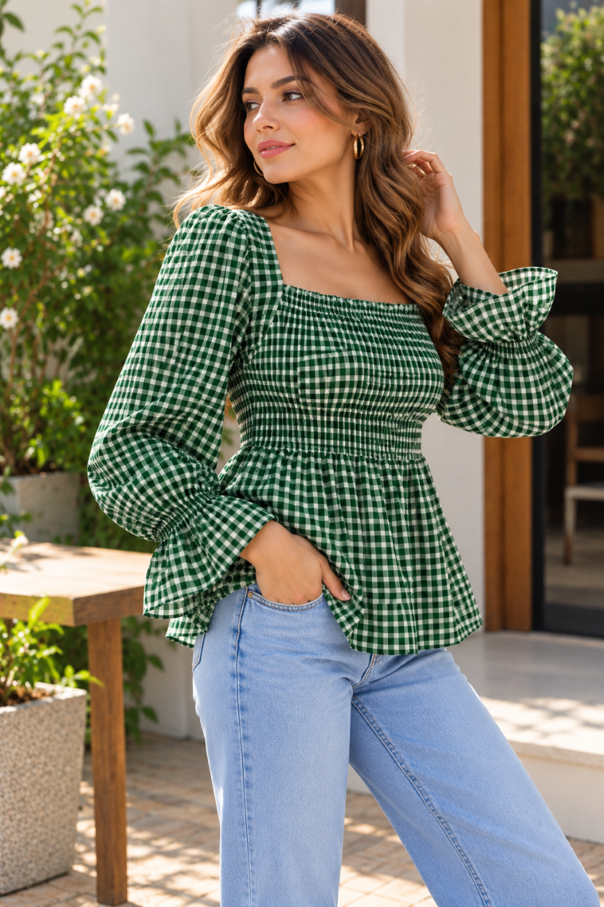 Party Puff Sleeves Checkered Women Green Top