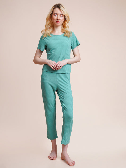 Women Top & Pyjama Set Light Green Solid