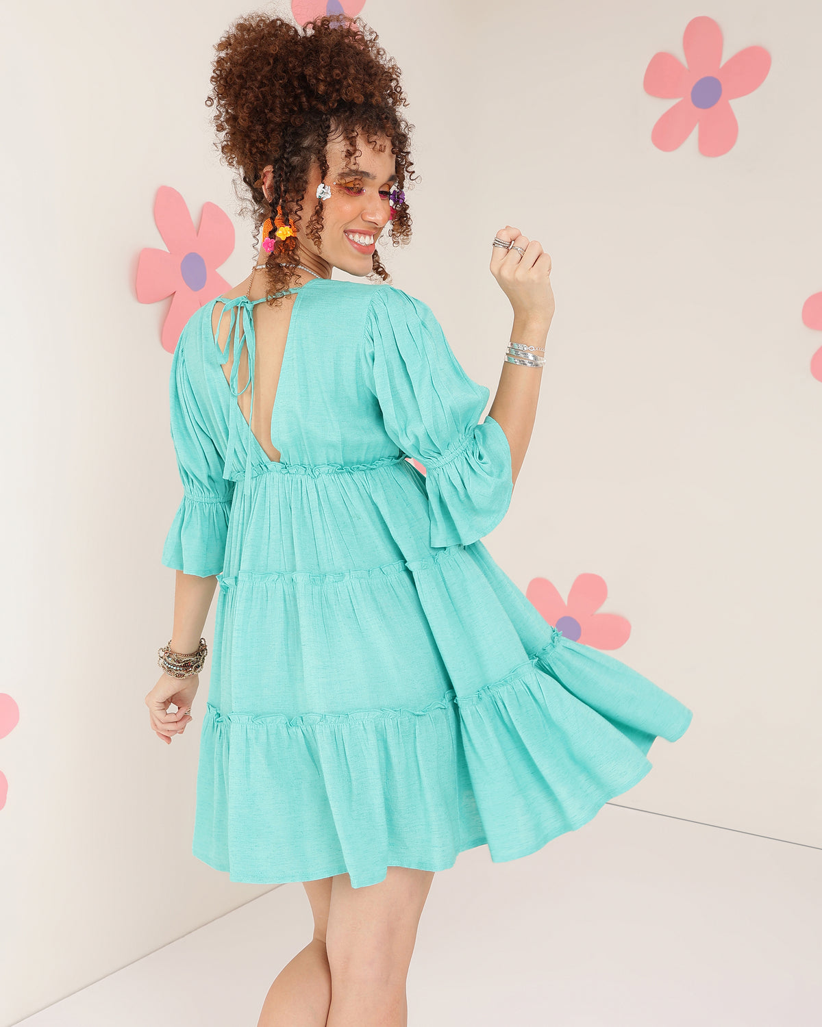 Women Tiered Green Above Knee/Mid Thigh Length Dress