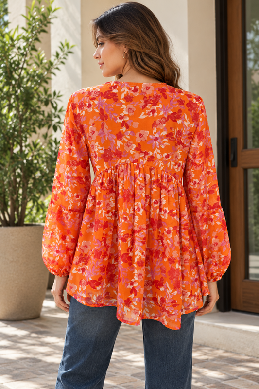Women's Orange Floral Babydoll Top