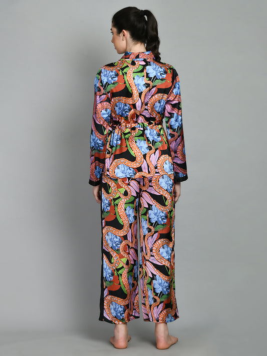 Women's Multicolor Printed Satin Shirt & Pyjama Night Suit Set