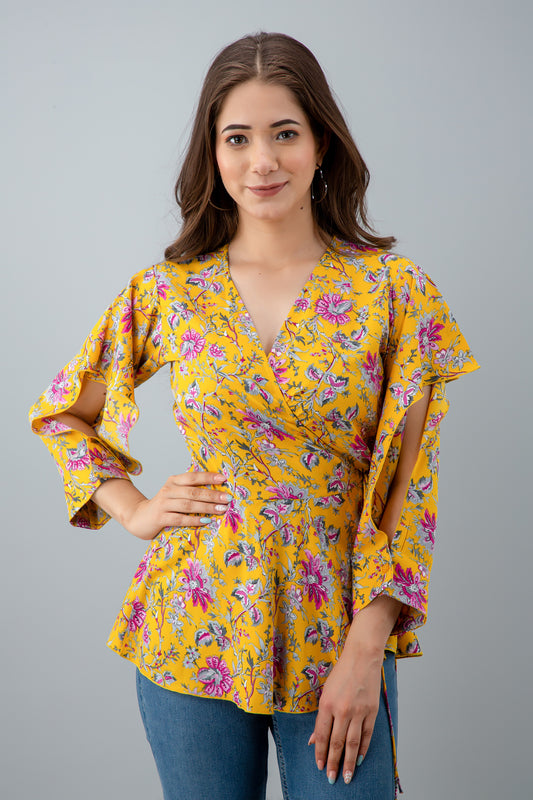 Casual Cutout Floral Print Women Yellow Top