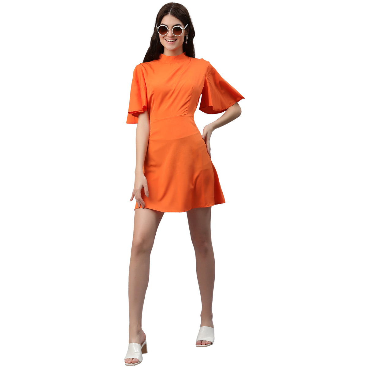 Women Fit and Flare Orange Above Knee/Mid Thigh Length Dress