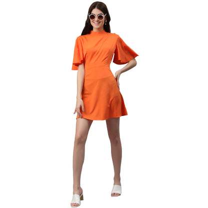 Women Fit and Flare Orange Above Knee/Mid Thigh Length Dress
