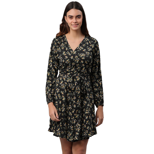 Women Wrap Black Above Knee/Mid Thigh Length Dress