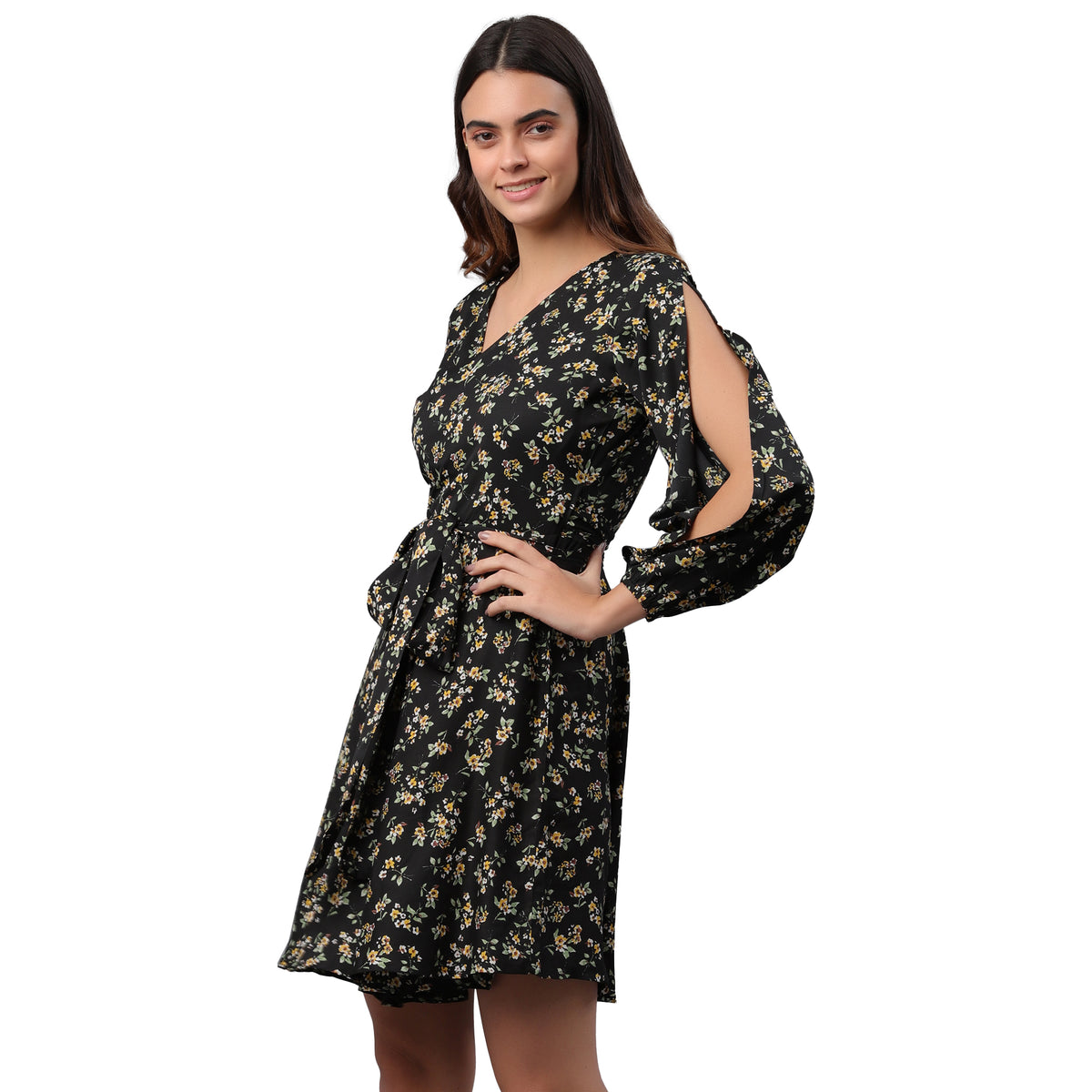 Women Wrap Black Above Knee/Mid Thigh Length Dress