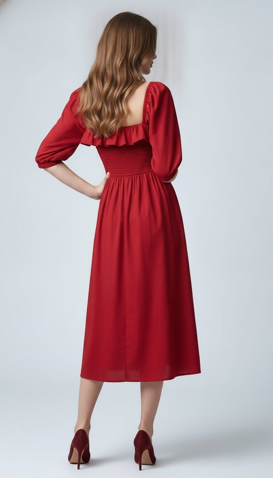 Women Fit and Flare Red Midi/Calf Length Dress