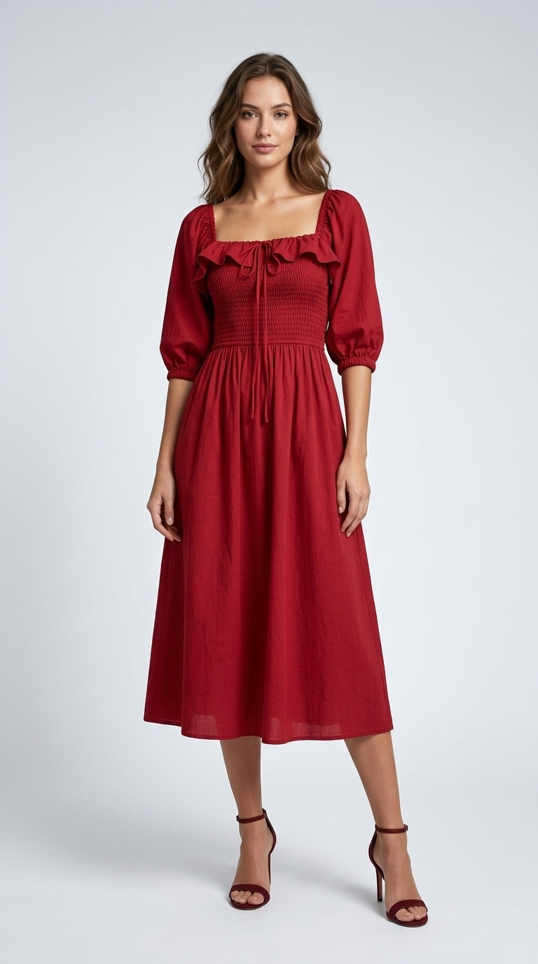 Women Fit and Flare Red Midi/Calf Length Dress