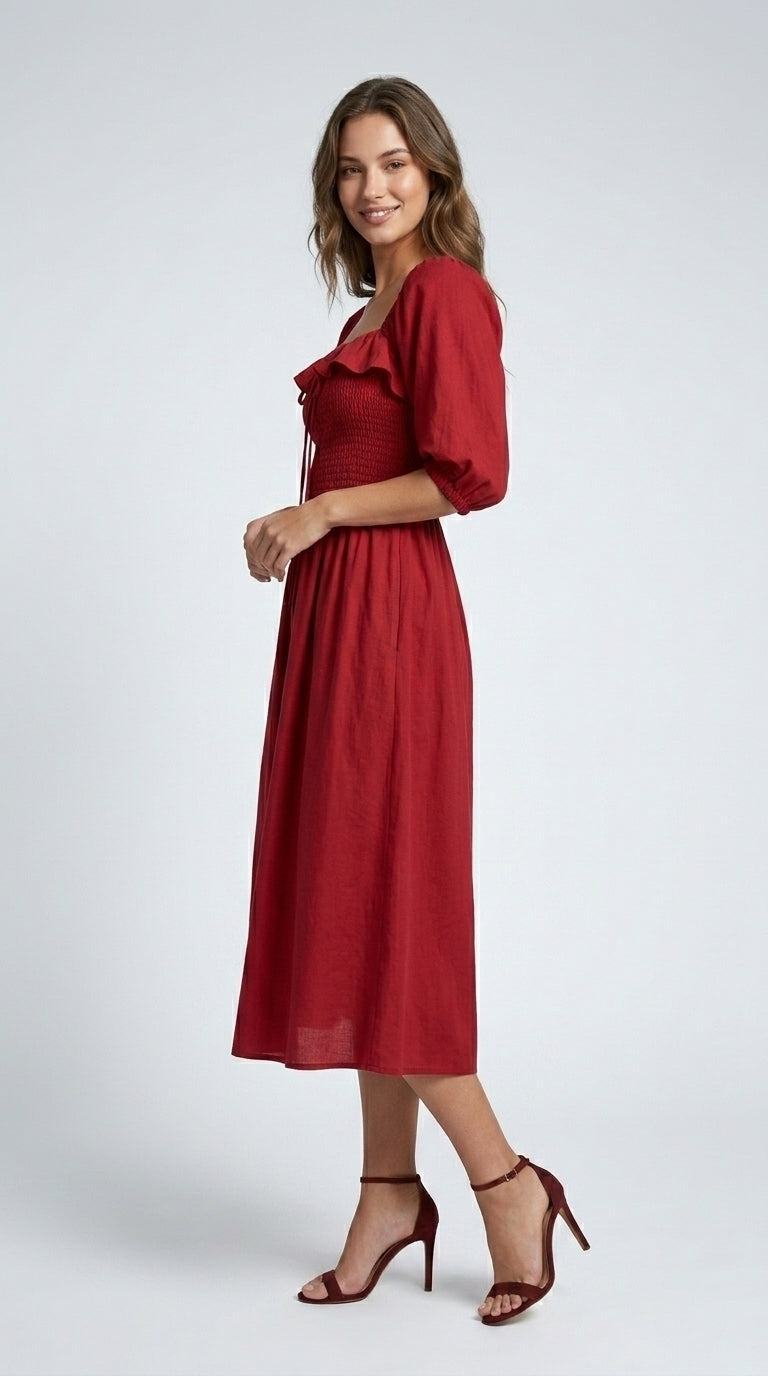 Women Fit and Flare Red Midi/Calf Length Dress