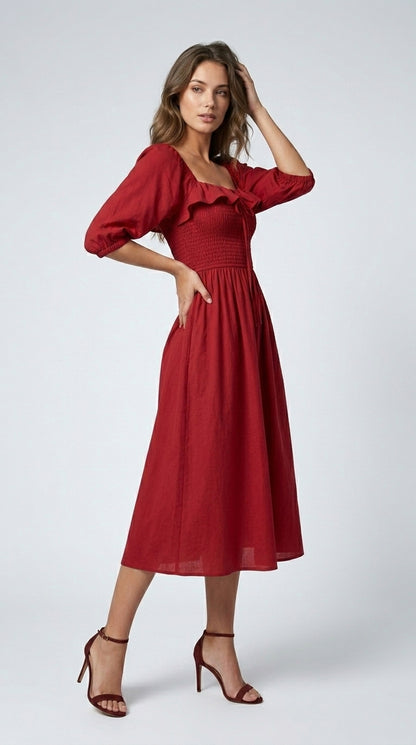 Women Fit and Flare Red Midi/Calf Length Dress