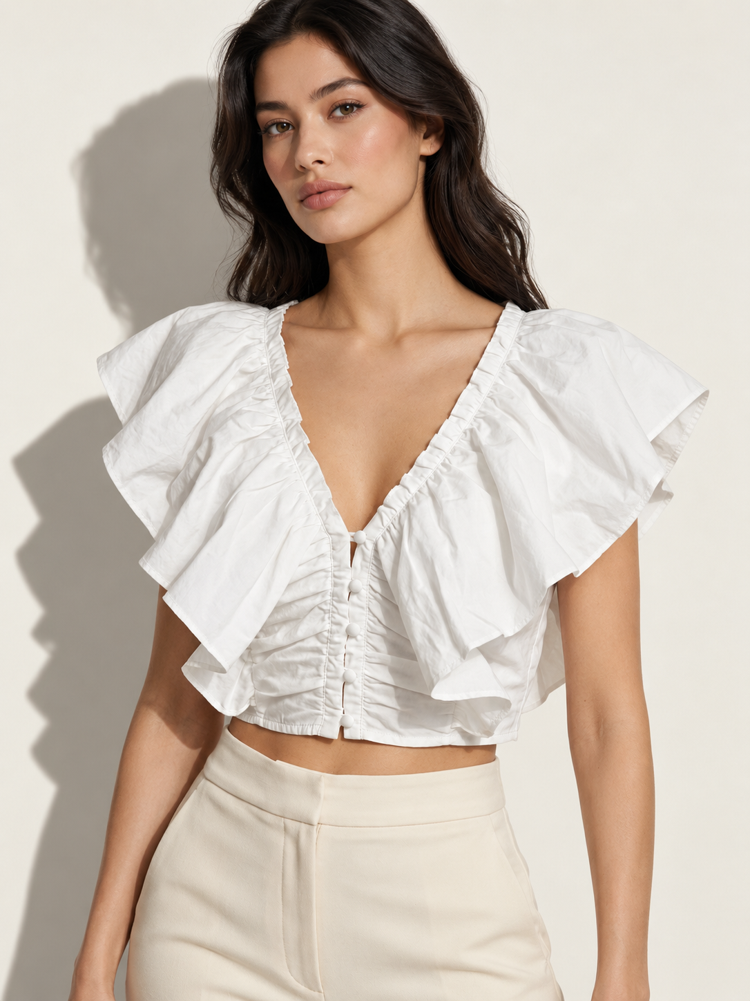 Women's White Ruffle V-Neck Crop Top