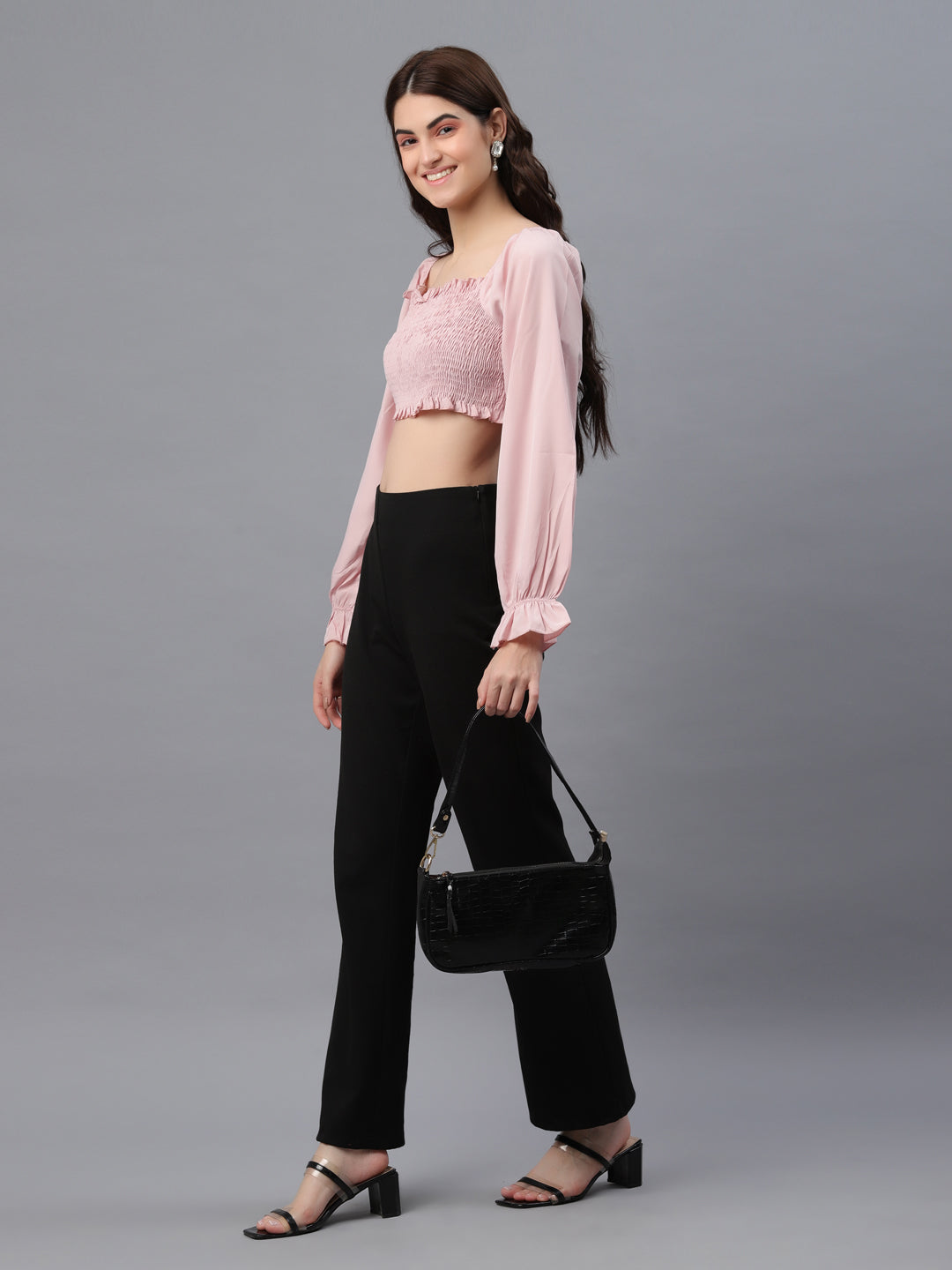 Casual Puff Sleeves Embellished Women Pink Top