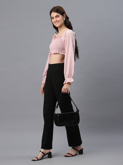 Casual Puff Sleeves Embellished Women Pink Top