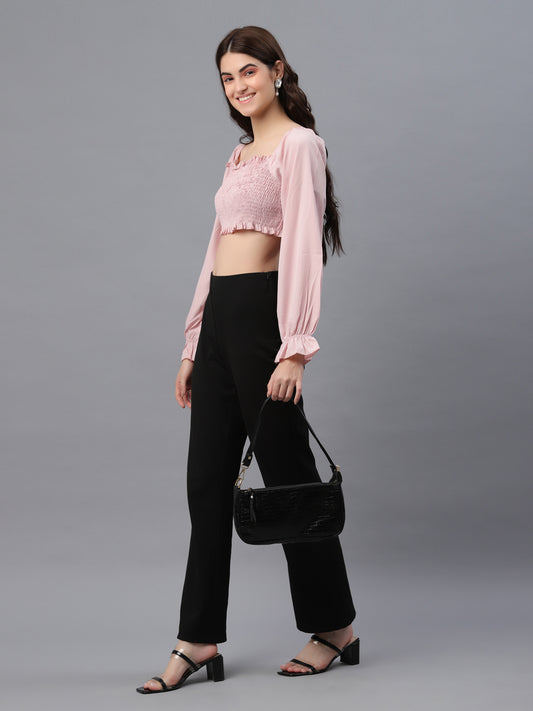 Casual Puff Sleeves Embellished Women Pink Top