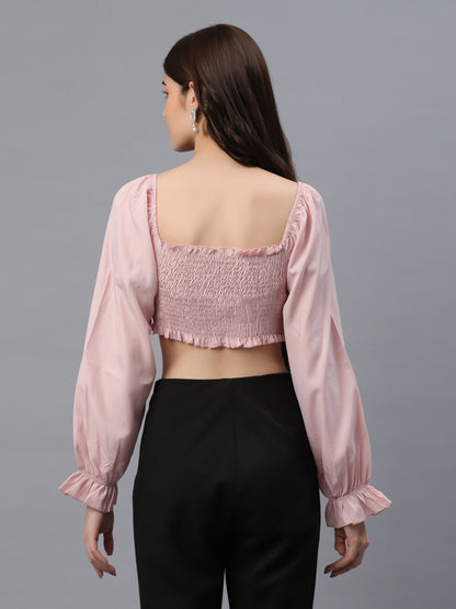 Casual Puff Sleeves Embellished Women Pink Top