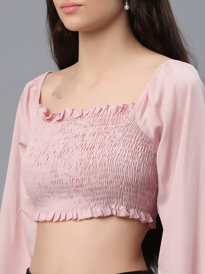 Casual Puff Sleeves Embellished Women Pink Top