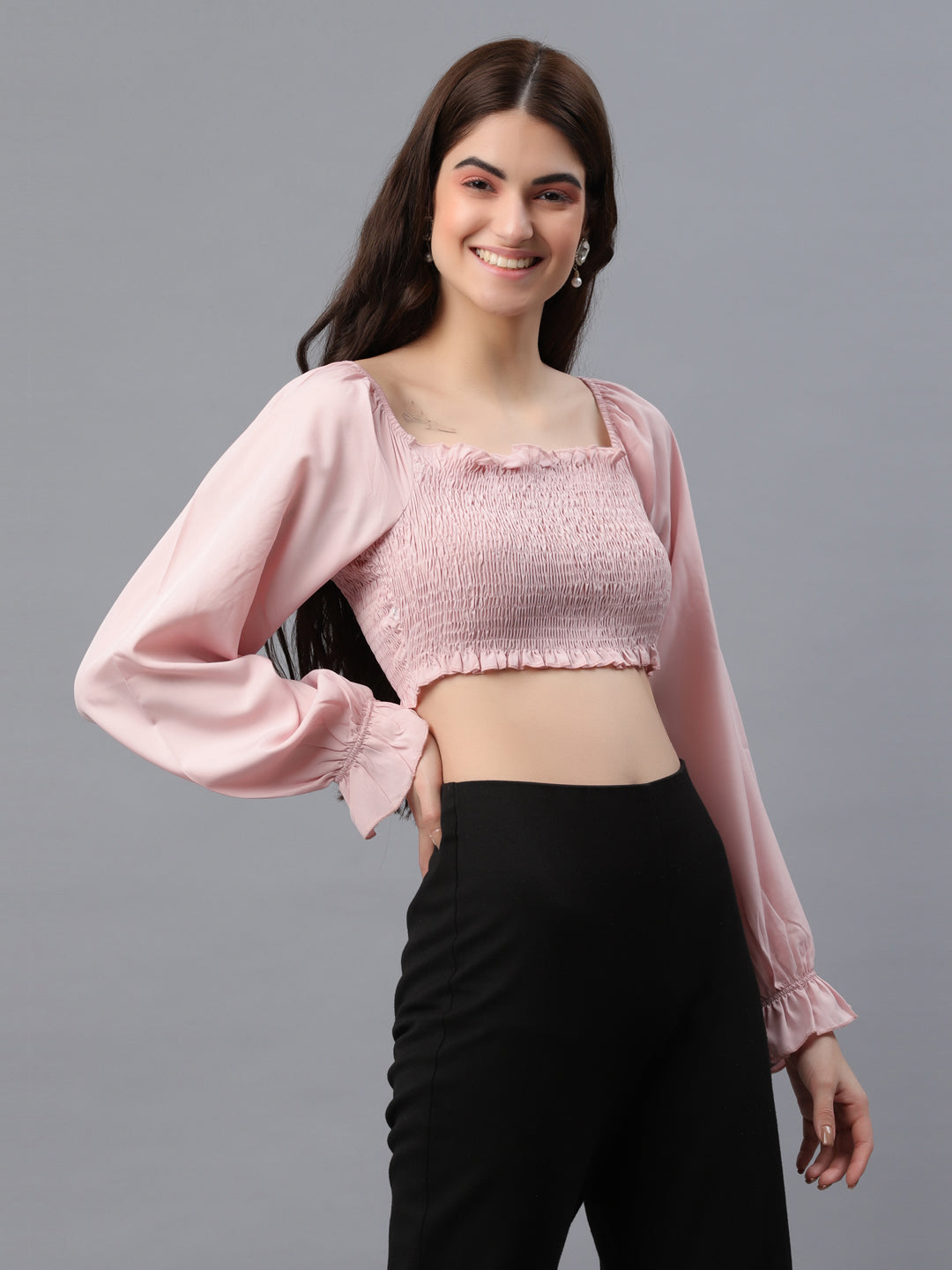 Casual Puff Sleeves Embellished Women Pink Top