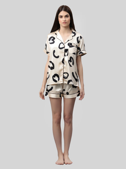 Women Top & Shorts Set Beige Printed
