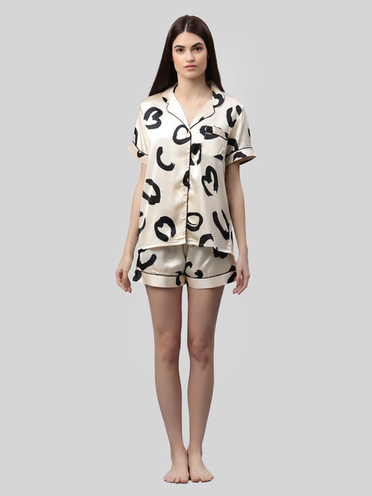 Women Top & Shorts Set Beige Printed