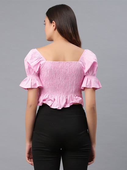 Casual Puff Sleeves Solid Women Pink Top