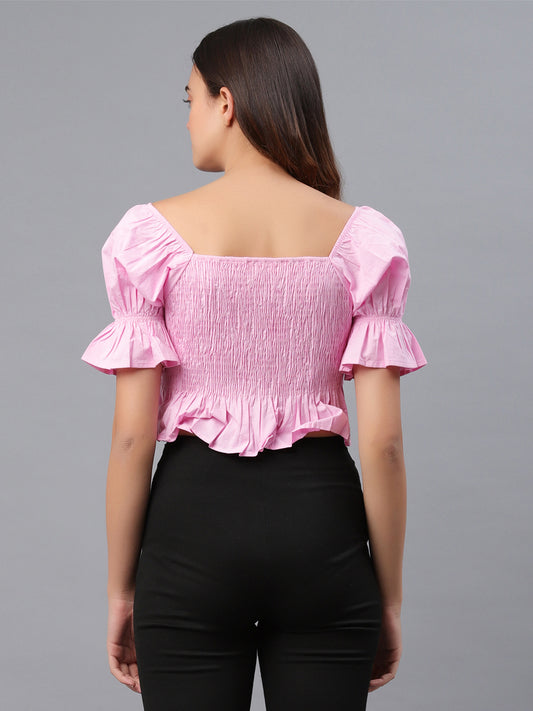 Casual Puff Sleeves Solid Women Pink Top
