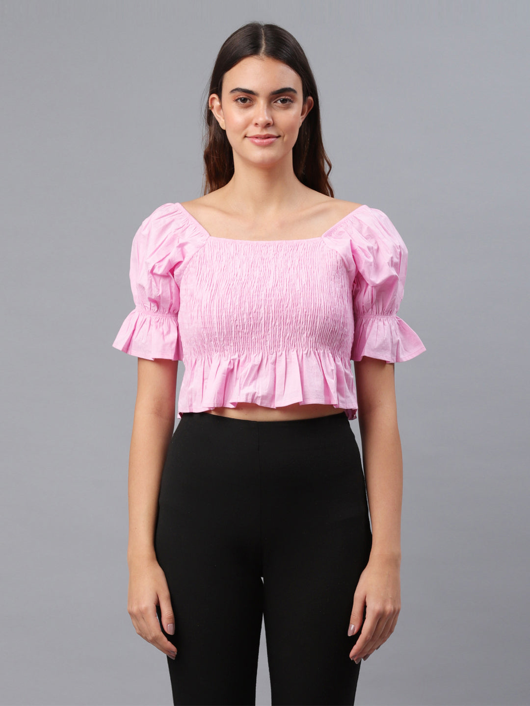 Casual Puff Sleeves Solid Women Pink Top