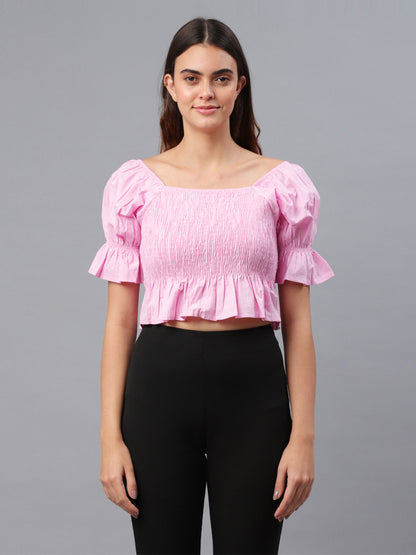 Casual Puff Sleeves Solid Women Pink Top