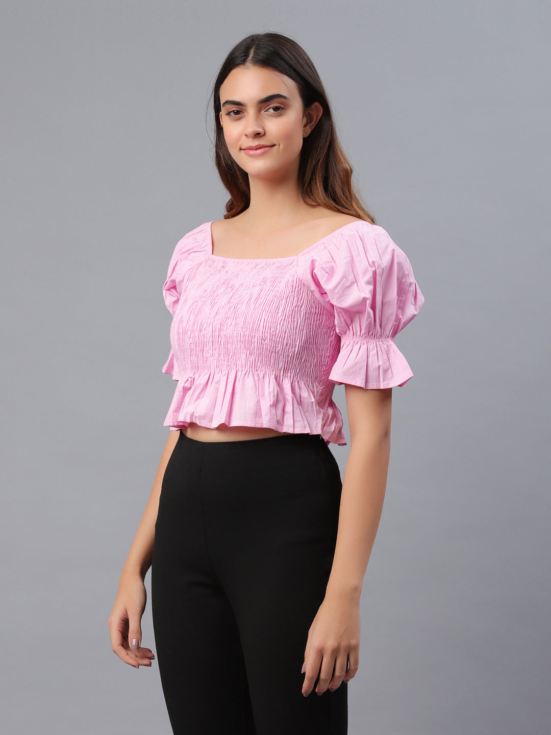 Casual Puff Sleeves Solid Women Pink Top