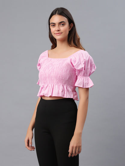 Casual Puff Sleeves Solid Women Pink Top