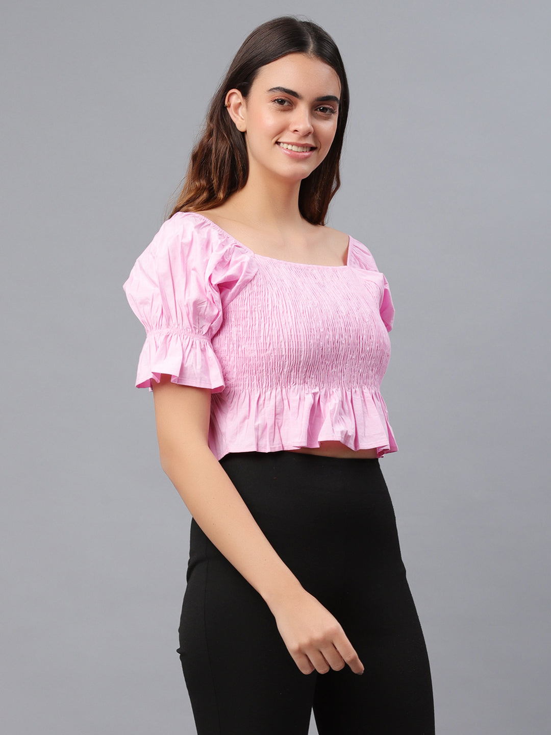 Casual Puff Sleeves Solid Women Pink Top