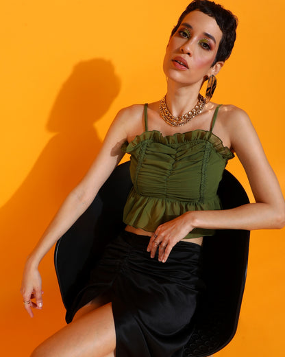 Casual Shoulder Straps Solid Women Dark Green Top