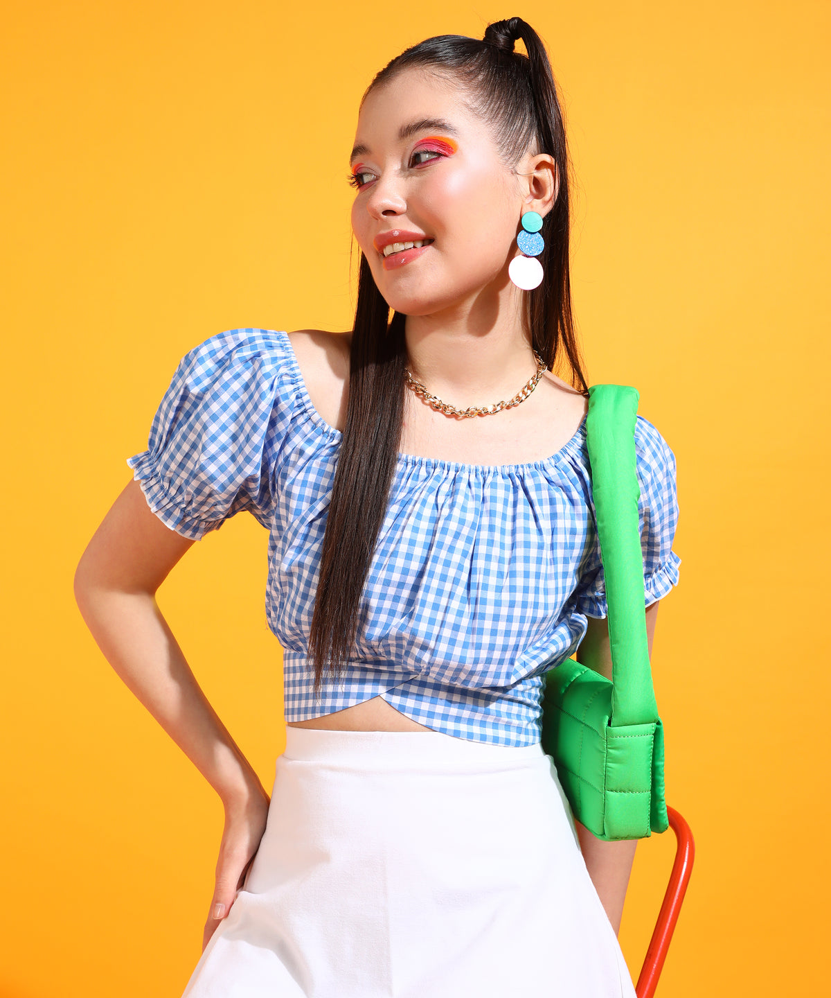 Casual Puff Sleeves Checkered Women Light Blue, White Top