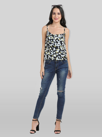 Casual Shoulder Straps Floral Print Women Black Top