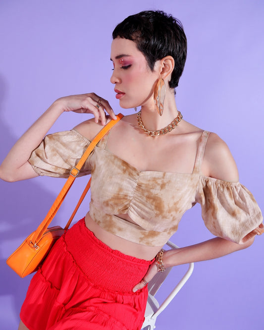 Casual Off Shoulder Sleeve Tie & Dye Women Beige Top