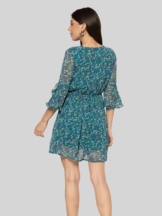 Women Gathered Blue Above Knee/Mid Thigh Length Dress